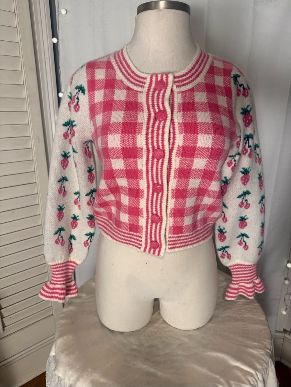 Sunday Up Strawberry Cherry Gingham Cardigan Sweater Pink White Cropped S/M